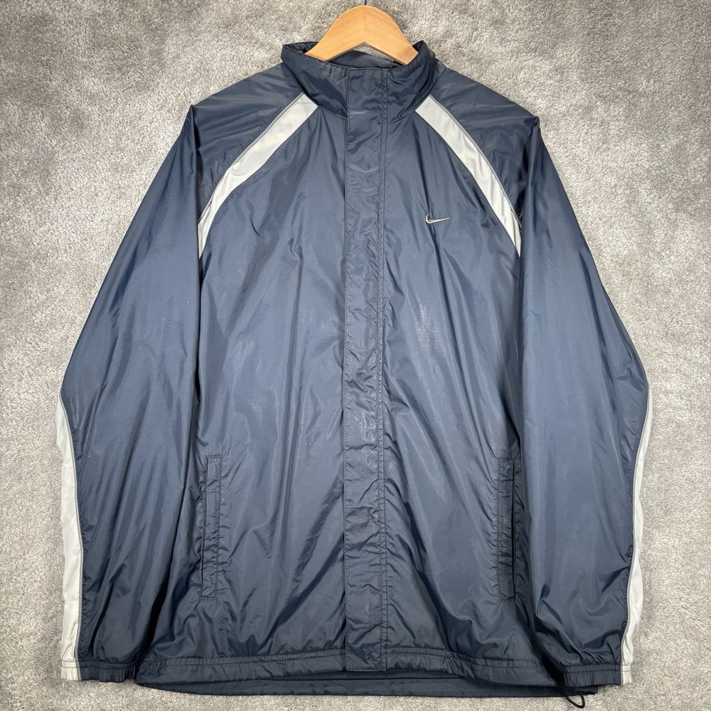 Vintage Nike Windbreaker Jacket Mens L‎ Full Zip Navy Blue Striped Nylon Y2K